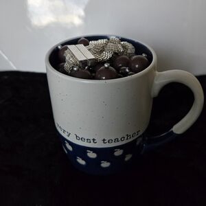 The Very Best Teacher Mug – Blue & White Apple Print + Surprise Jewelry Bundle